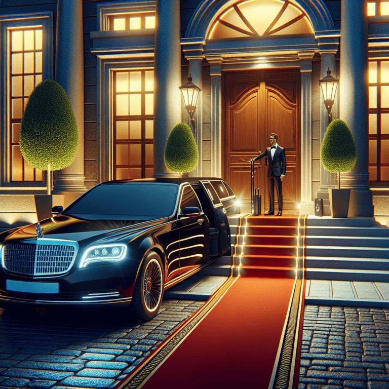 Luxury limousine at mansion entrance with red carpet