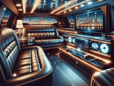 Luxurious limousine interior with city skyline at night