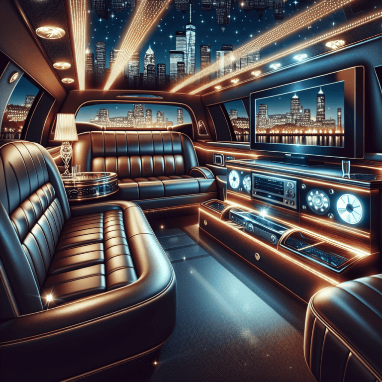 Luxurious limousine interior with city skyline at night