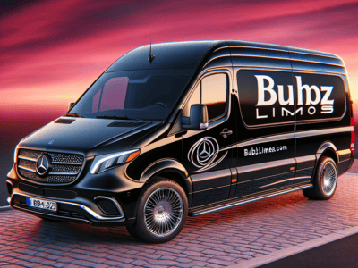 Black Mercedes limo van with Bubz Limos branding