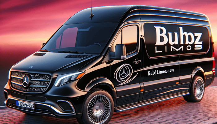 Black Mercedes limo van with Bubz Limos branding