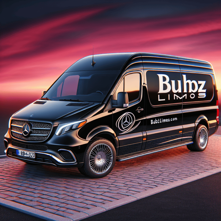 Black Mercedes limo van with Bubz Limos branding
