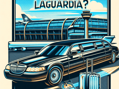Black limousine outside LaGuardia Airport terminal with luggage