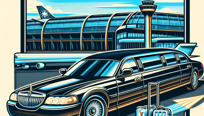 Black limousine outside LaGuardia Airport terminal with luggage