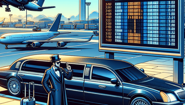 Limousine chauffeur waiting at airport with flight board.