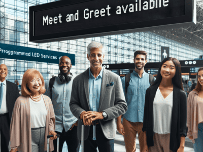 Diverse travelers under airport meet and greet sign