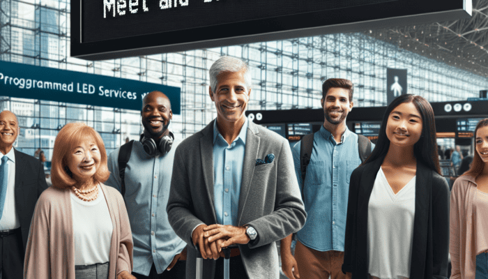 Diverse travelers under airport meet and greet sign