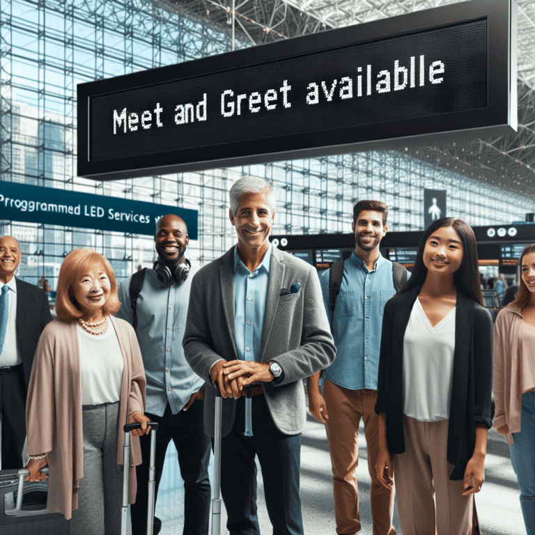 Diverse travelers under airport meet and greet sign