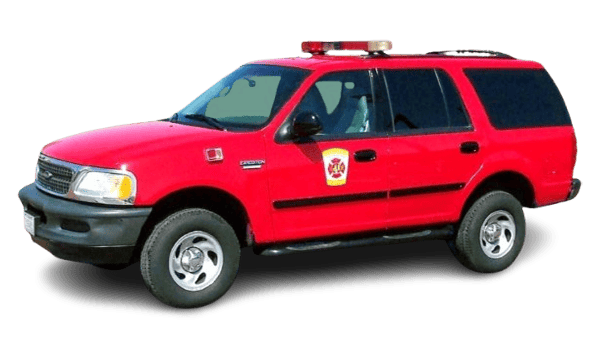 Red fire department SUV with roof lights