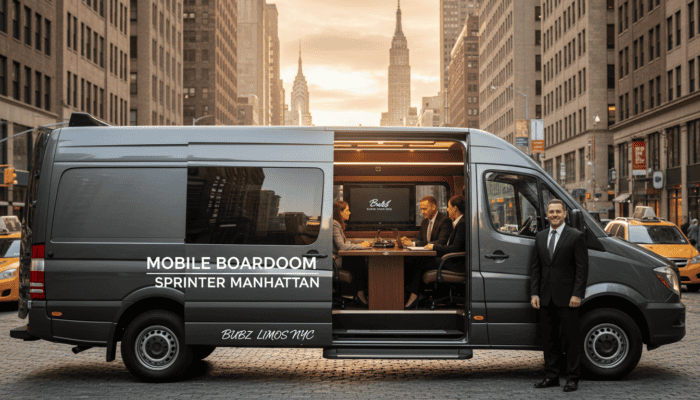 Luxury mobile boardroom van in Manhattan street