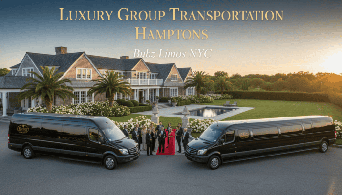 Luxury limousines at Hamptons mansion with red carpet.