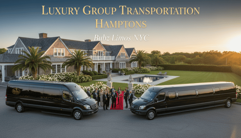 Luxury limousines at Hamptons mansion with red carpet.