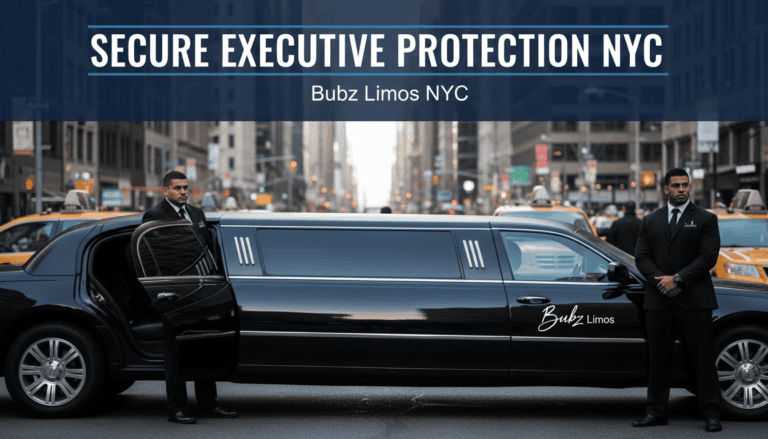 Black limousine with security guards in NYC