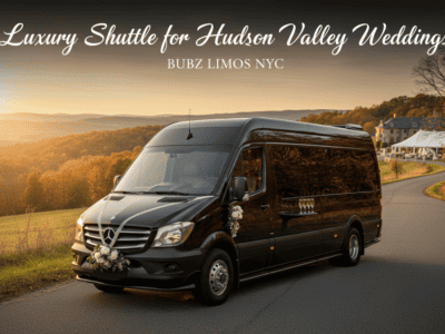 Luxury wedding shuttle van in Hudson Valley landscape