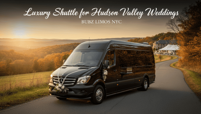 Luxury wedding shuttle van in Hudson Valley landscape