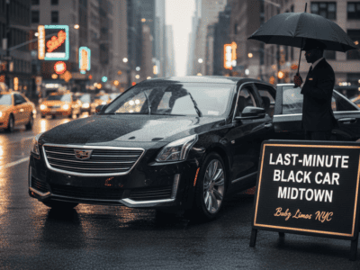 Black car service in rainy Midtown street