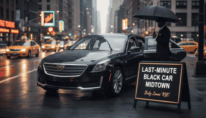 Black car service in rainy Midtown street