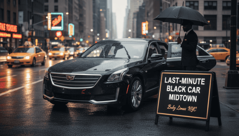 Black car service in rainy Midtown street