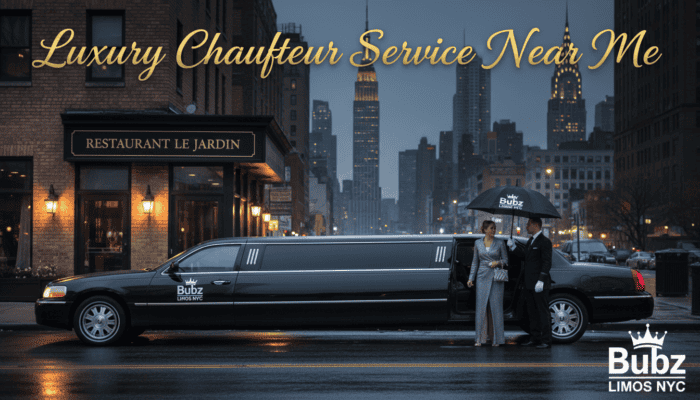 Luxury limousine chauffeur service outside city restaurant at night