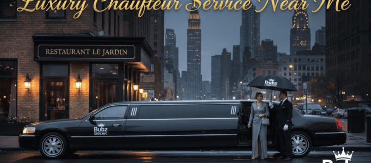 Luxury limousine chauffeur service outside city restaurant at night