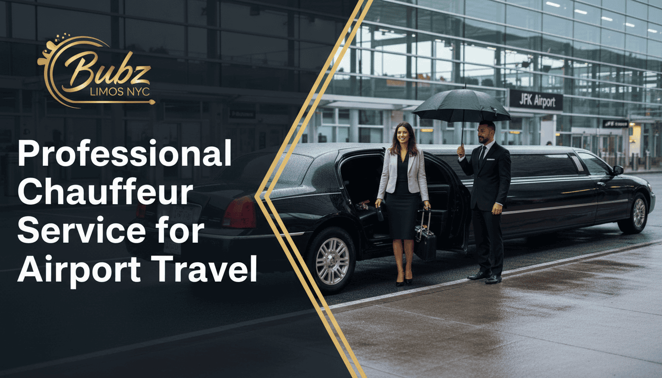 Chauffeur assisting woman exiting limousine at JFK Airport