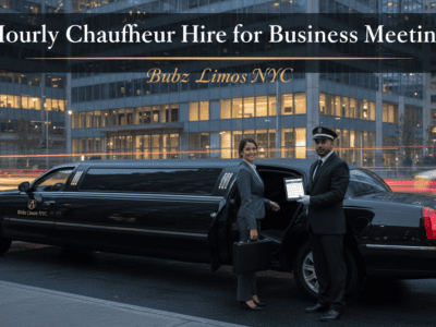 Businesswoman exiting limousine with chauffeur in city