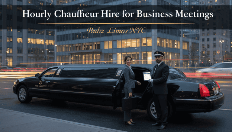 Businesswoman exiting limousine with chauffeur in city