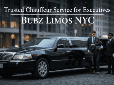 Executive exiting black limousine with chauffeur in NYC