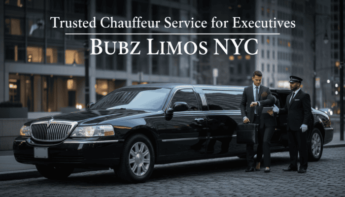 Executive exiting black limousine with chauffeur in NYC