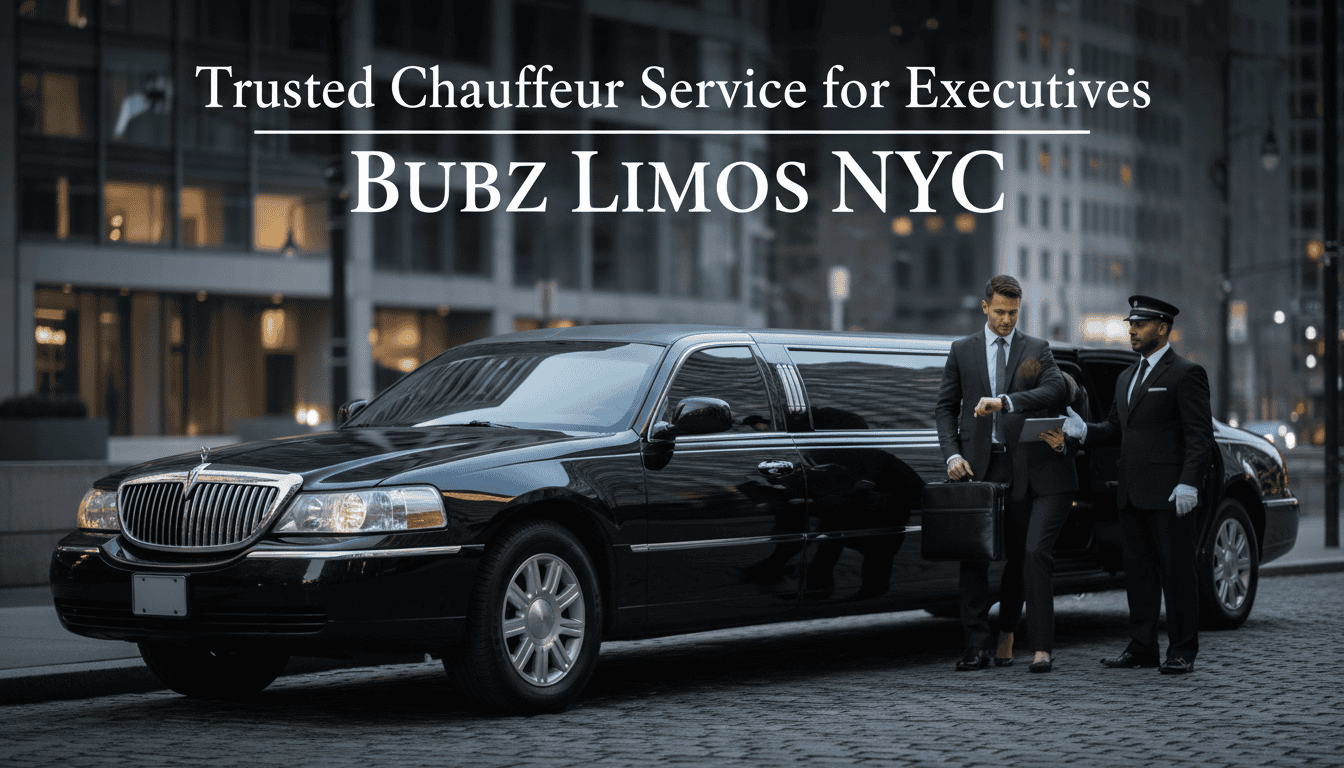 Executive exiting black limousine with chauffeur in NYC