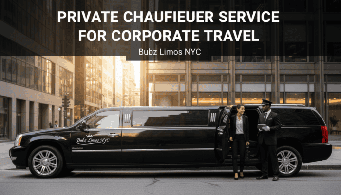 Black limousine with chauffeur and businesswoman downtown