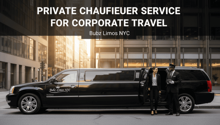 Black limousine with chauffeur and businesswoman downtown