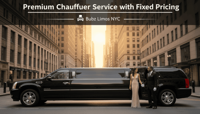 Couple exiting black stretch limousine in city