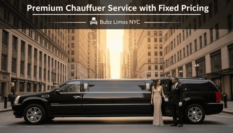 Couple exiting black stretch limousine in city