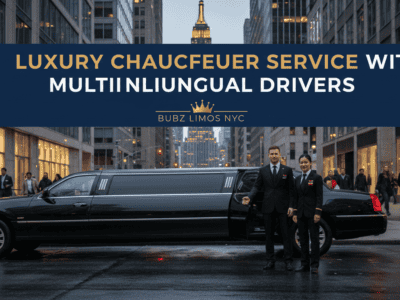 Luxury limousine with uniformed chauffeurs in city street