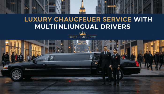 Luxury limousine with uniformed chauffeurs in city street