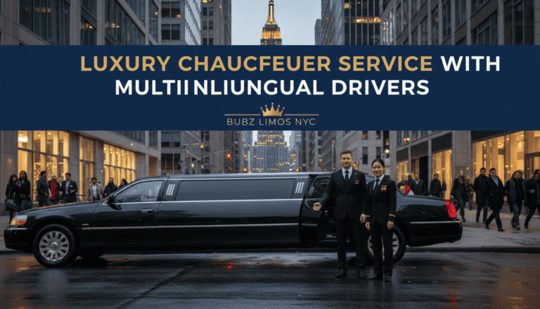 Luxury limousine with uniformed chauffeurs in city street
