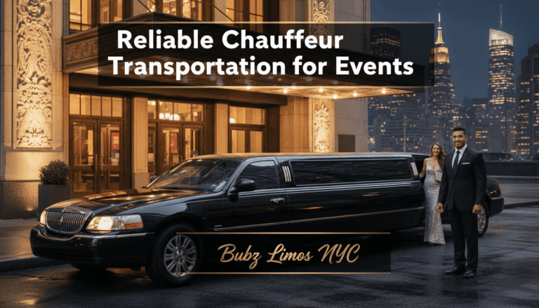 Black stretch limousine outside luxury hotel at night