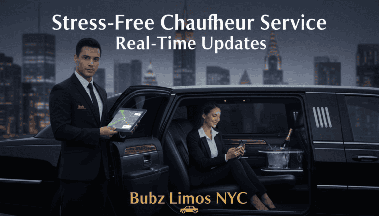 Chauffeur with tablet beside luxury limousine in NYC