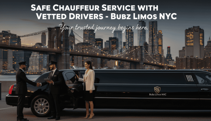 Chauffeur greeting client beside limousine in NYC