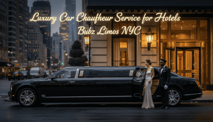 Luxury limousine with chauffeur outside upscale hotel