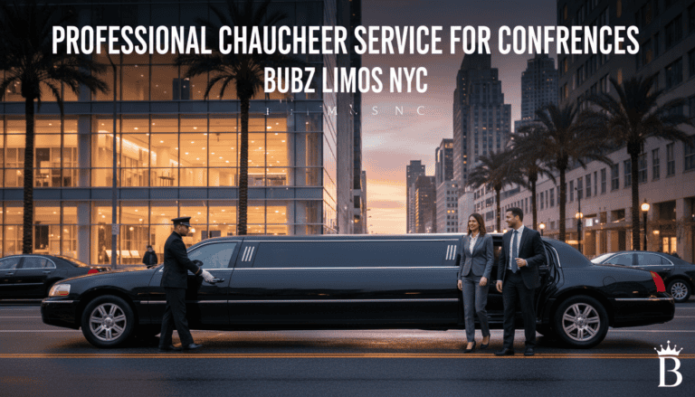 Chauffeur opening limousine door for business couple downtown