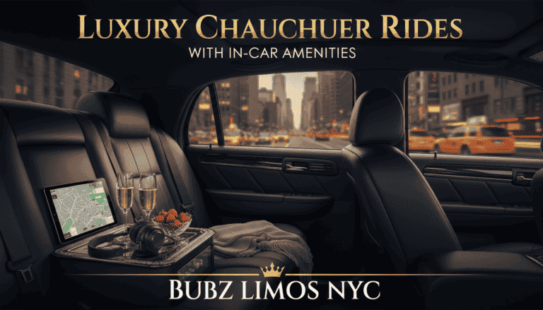 Luxury chauffeur car interior with champagne and city view