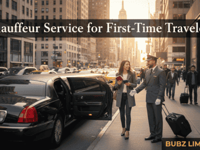 Chauffeur assisting traveler beside limousine in city