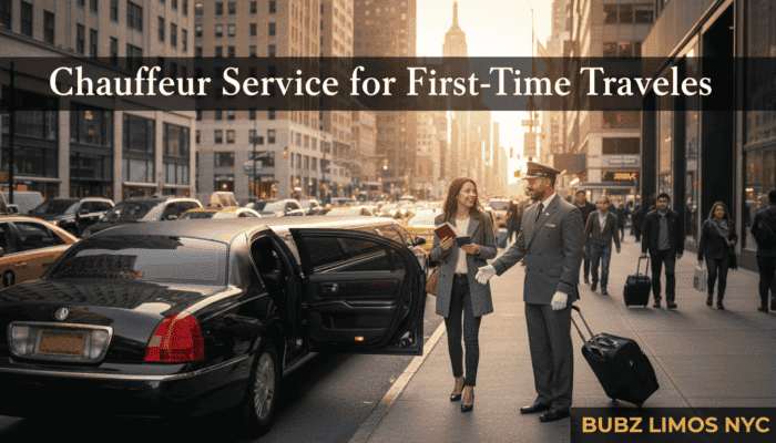 Chauffeur assisting traveler beside limousine in city