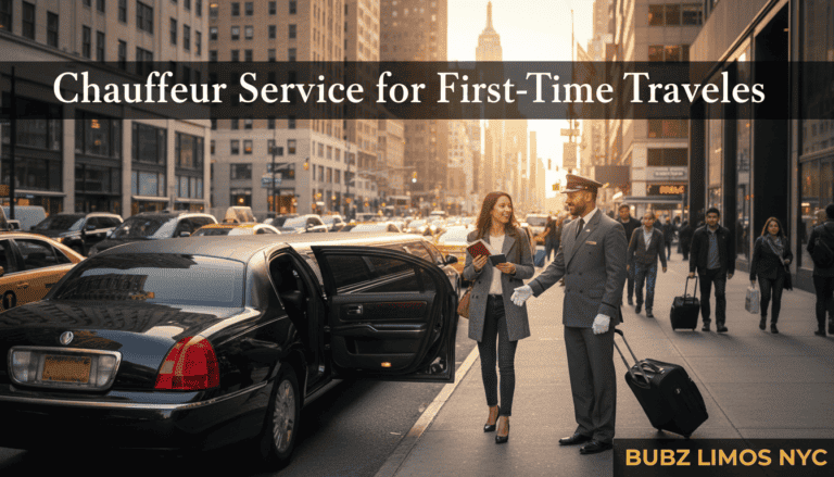 Chauffeur assisting traveler beside limousine in city