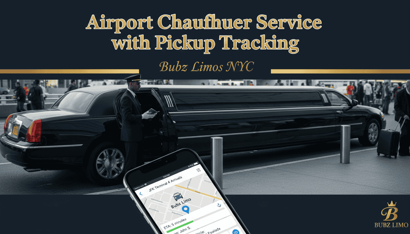 Airport chauffeur limousine with pickup tracking app display
