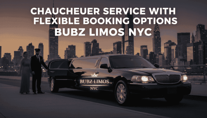 Black limousine with chauffeur against NYC skyline