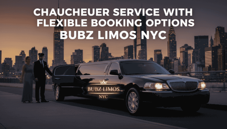 Black limousine with chauffeur against NYC skyline