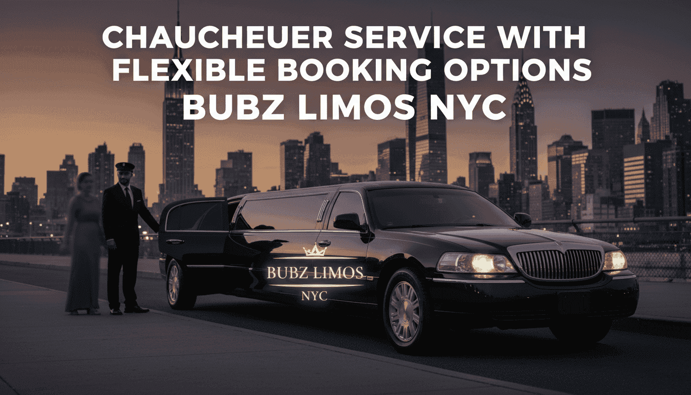 Black limousine with chauffeur against NYC skyline